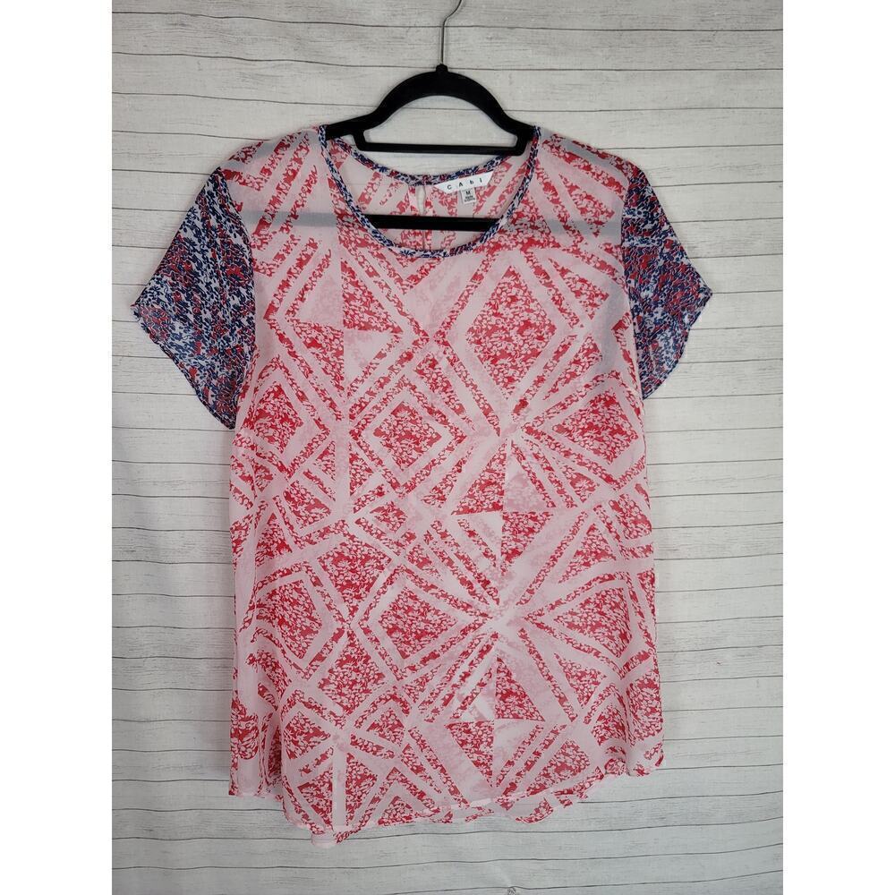 CAbi Sheer Floral Print Short Sleeve Blouse in Red/Blue, sz Medium